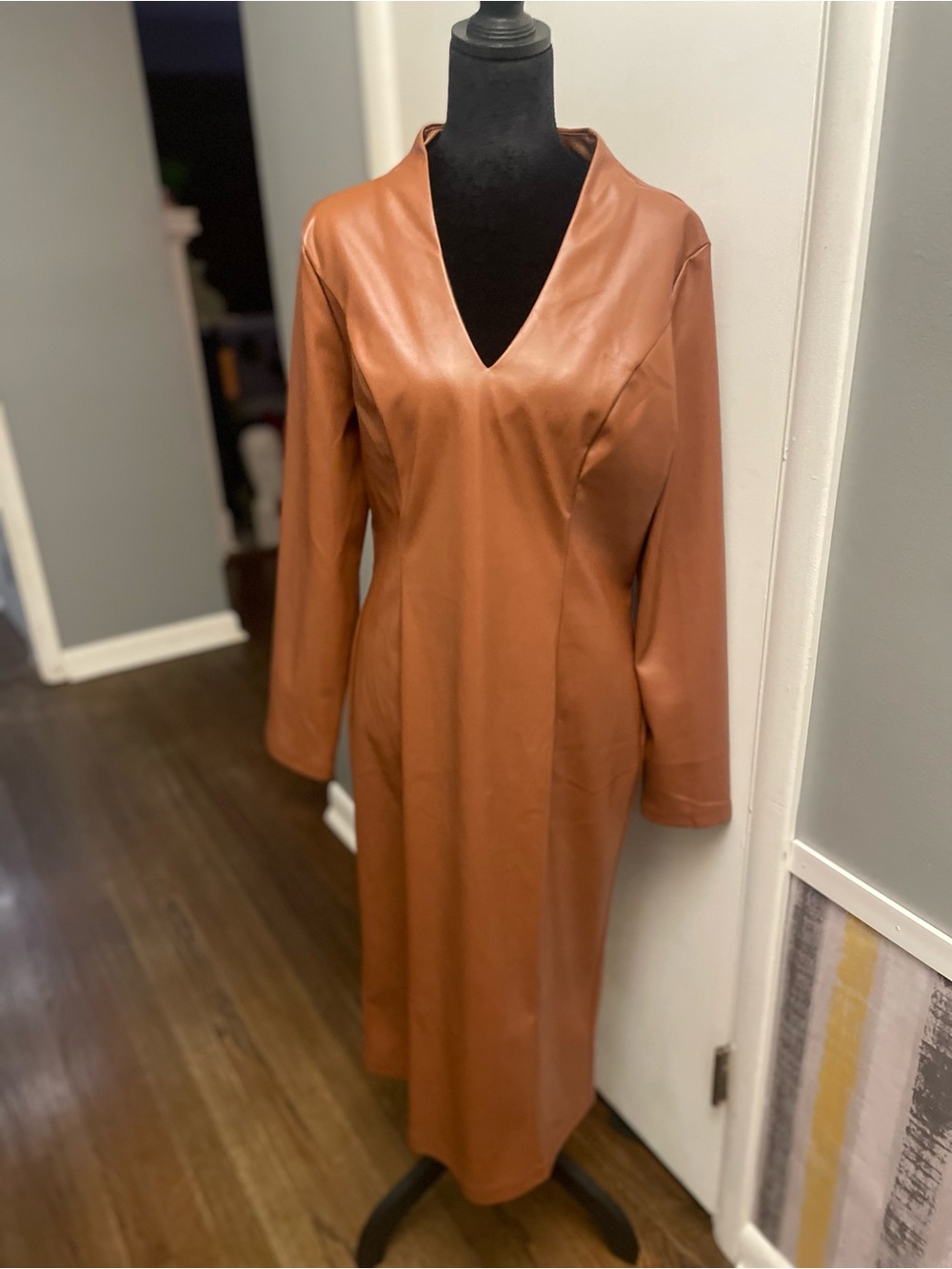 V-Neck Long Sleeve Faux Leather Dress in Cognac Brown